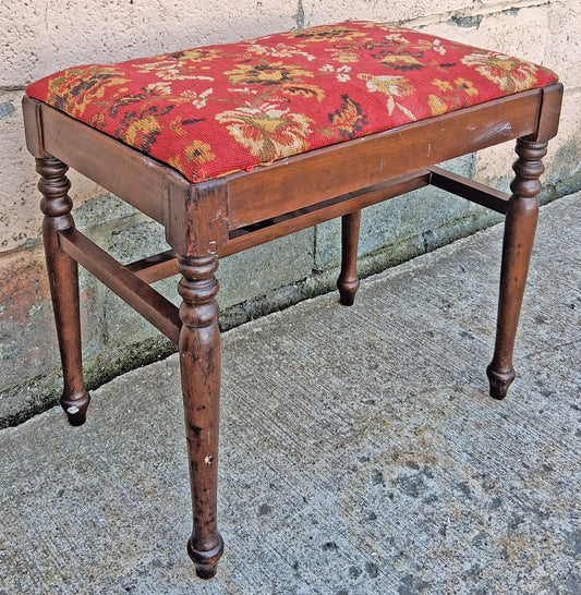 Antique Vintage Old Victorian Thomasville Solid Wood Wooden Needlepoint Red Floral Fabric Tapestry Vanity Accent Side Piano Bench Stool