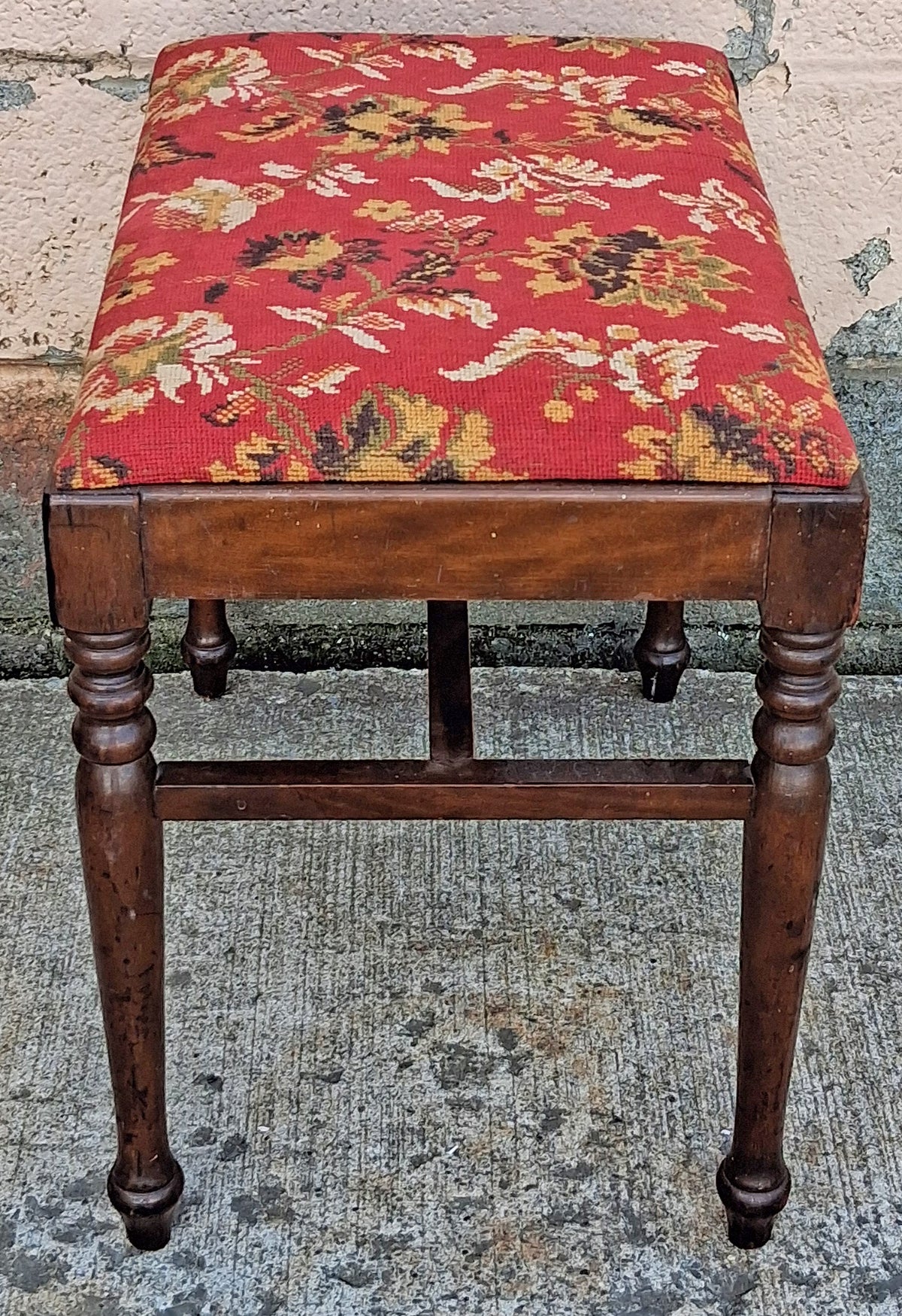 Antique Vintage Old Victorian Thomasville Solid Wood Wooden Needlepoint Red Floral Fabric Tapestry Vanity Accent Side Piano Bench Stool