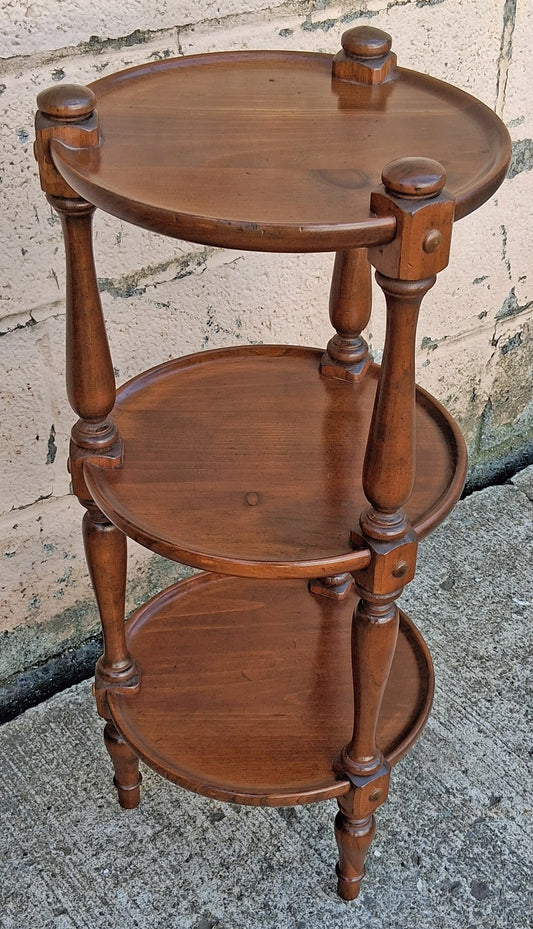 Vintage Antique Colonial Ethan Allen Maple Wood Wooden Round Three Tier Tiered Turned Spindle Accent Plant Side Stand Table Home Decor
