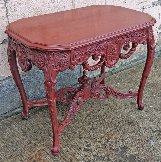 Antique Vintage Victorian Renaissance Baroque Revival Solid Wood Wooden Painted Red End Side Accent Table Plant Stand Lamp Shelf Nightstand