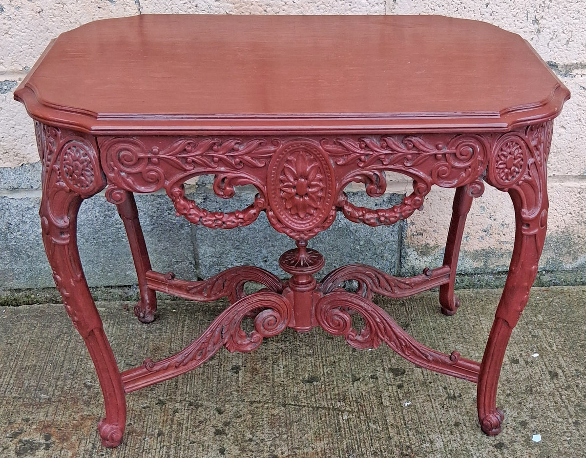Antique Vintage Victorian Renaissance Baroque Revival Solid Wood Wooden Painted Red End Side Accent Table Plant Stand Lamp Shelf Nightstand