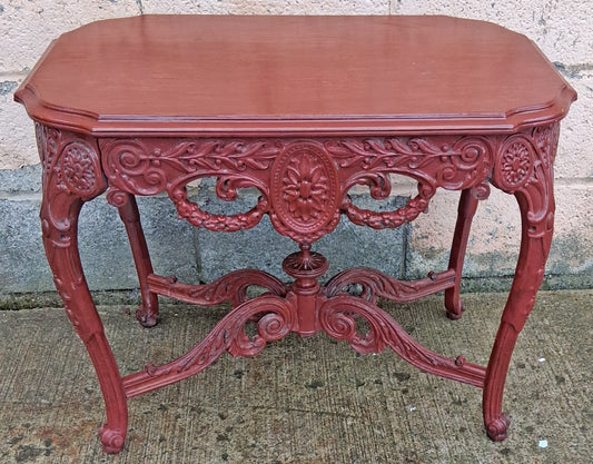 Antique Vintage Victorian Renaissance Baroque Revival Solid Wood Wooden Painted Red End Side Accent Table Plant Stand Lamp Shelf Nightstand