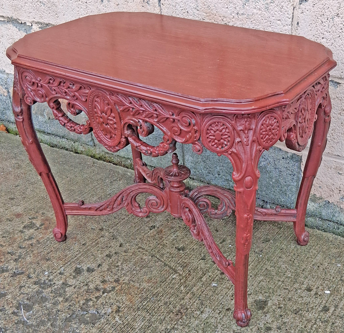 Antique Vintage Victorian Renaissance Baroque Revival Solid Wood Wooden Painted Red End Side Accent Table Plant Stand Lamp Shelf Nightstand