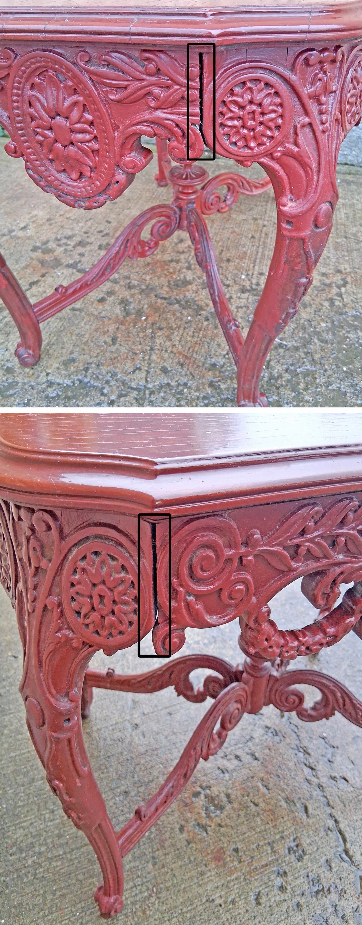 Antique Vintage Victorian Renaissance Baroque Revival Solid Wood Wooden Painted Red End Side Accent Table Plant Stand Lamp Shelf Nightstand