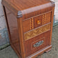 Antique Vintage Old Reclaimed Salvaged Art Deco Waterfall Solid Wood Wooden Walnut Chevron Inlay Veneer Table Nightstand Bedside Cabinet
