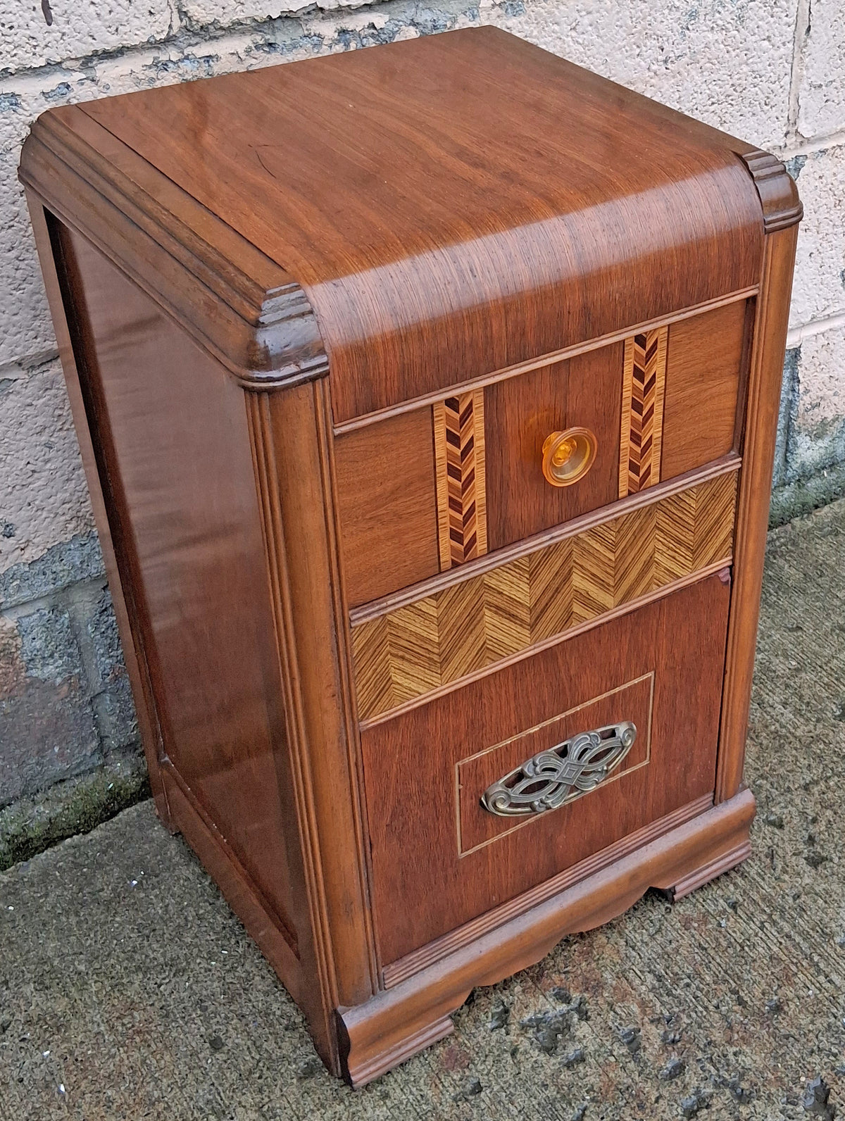 Antique Vintage Old Reclaimed Salvaged Art Deco Waterfall Solid Wood Wooden Walnut Chevron Inlay Veneer Table Nightstand Bedside Cabinet
