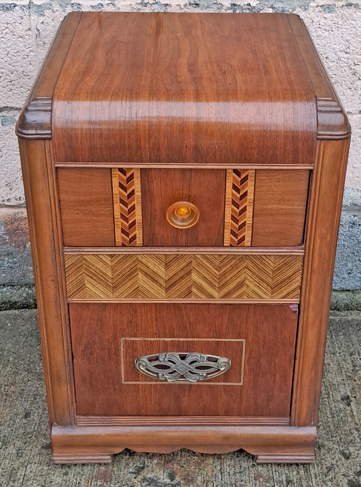 Antique Vintage Old Reclaimed Salvaged Art Deco Waterfall Solid Wood Wooden Walnut Chevron Inlay Veneer Table Nightstand Bedside Cabinet