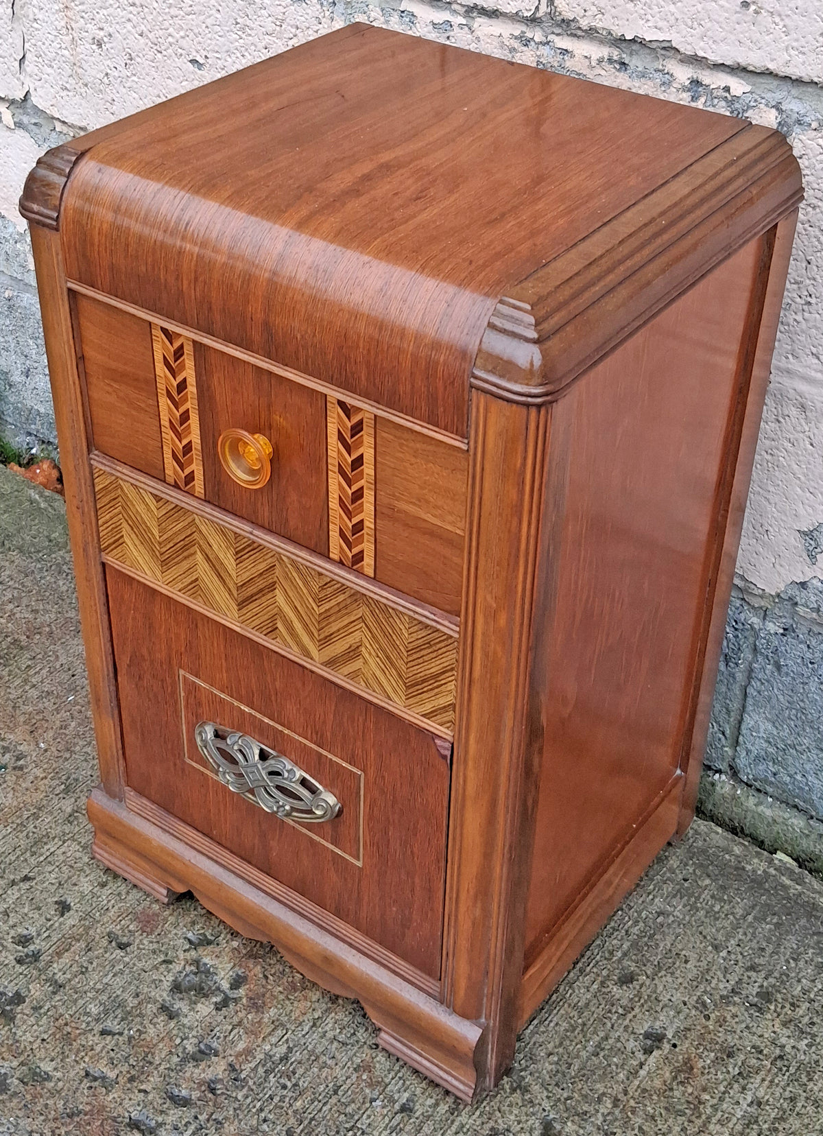 Antique Vintage Old Reclaimed Salvaged Art Deco Waterfall Solid Wood Wooden Walnut Chevron Inlay Veneer Table Nightstand Bedside Cabinet
