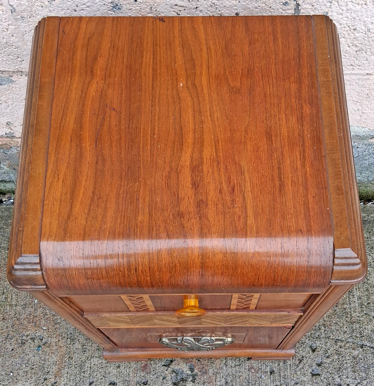 Antique Vintage Old Reclaimed Salvaged Art Deco Waterfall Solid Wood Wooden Walnut Chevron Inlay Veneer Table Nightstand Bedside Cabinet