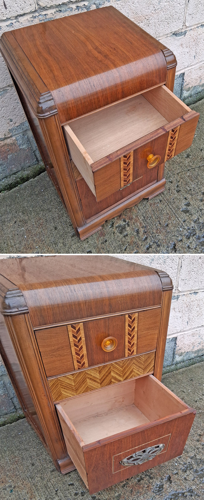 Antique Vintage Old Reclaimed Salvaged Art Deco Waterfall Solid Wood Wooden Walnut Chevron Inlay Veneer Table Nightstand Bedside Cabinet