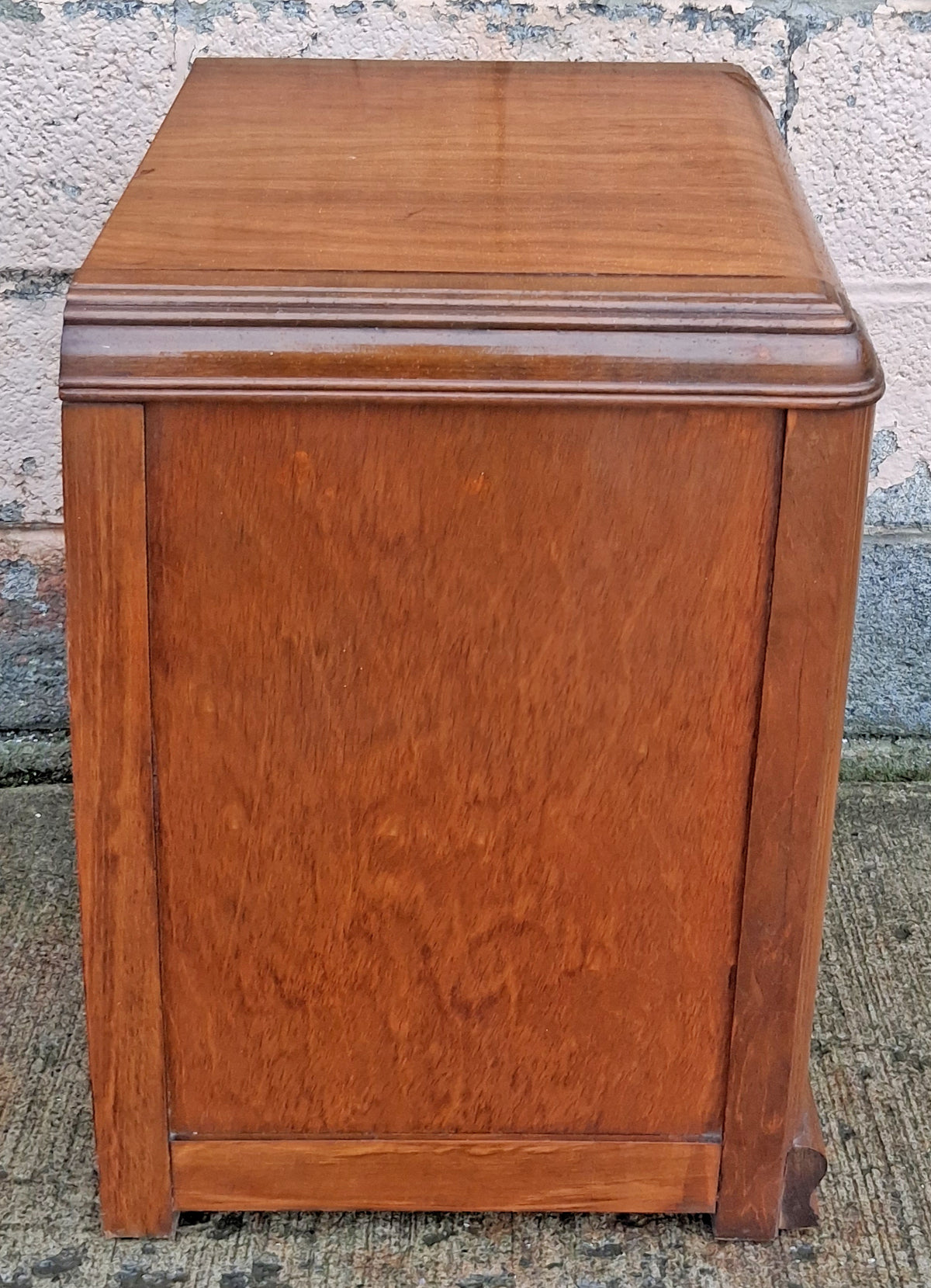 Antique Vintage Old Reclaimed Salvaged Art Deco Waterfall Solid Wood Wooden Walnut Chevron Inlay Veneer Table Nightstand Bedside Cabinet