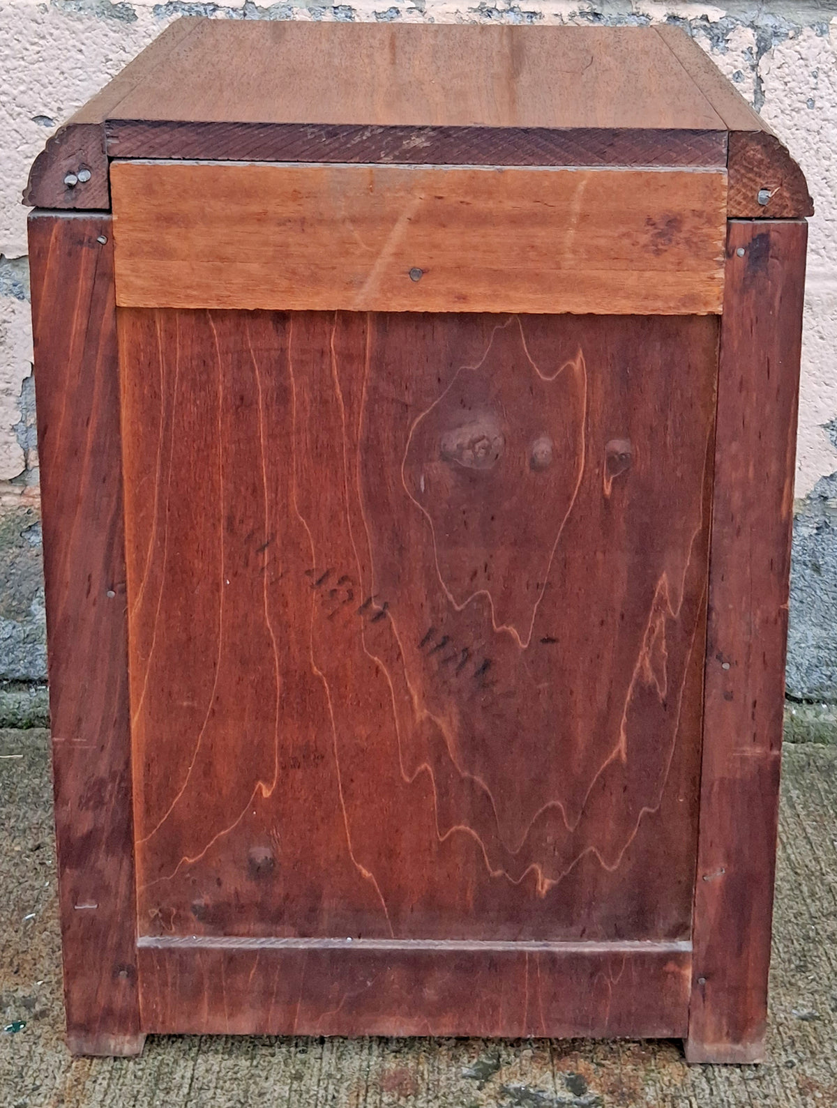 Antique Vintage Old Reclaimed Salvaged Art Deco Waterfall Solid Wood Wooden Walnut Chevron Inlay Veneer Table Nightstand Bedside Cabinet
