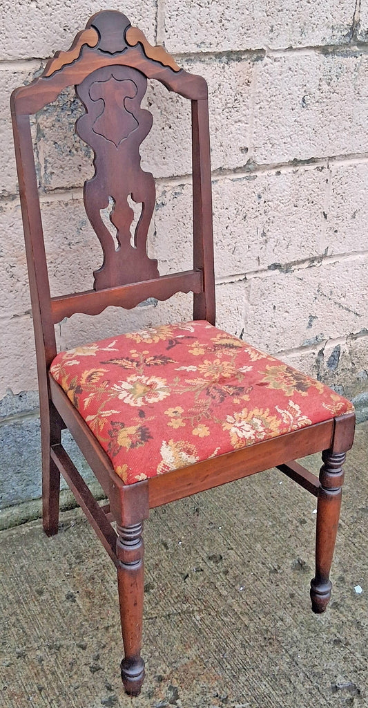 Antique Vintage Old Colonial Style SOLID Wood Wooden Side Dining Accent Desk Chair Floral Needlepoint Red Fabric Upholstered Seat