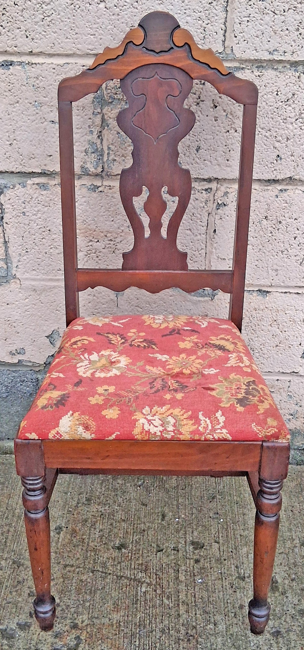 Antique Vintage Old Colonial Style SOLID Wood Wooden Side Dining Accent Desk Chair Floral Needlepoint Red Fabric Upholstered Seat