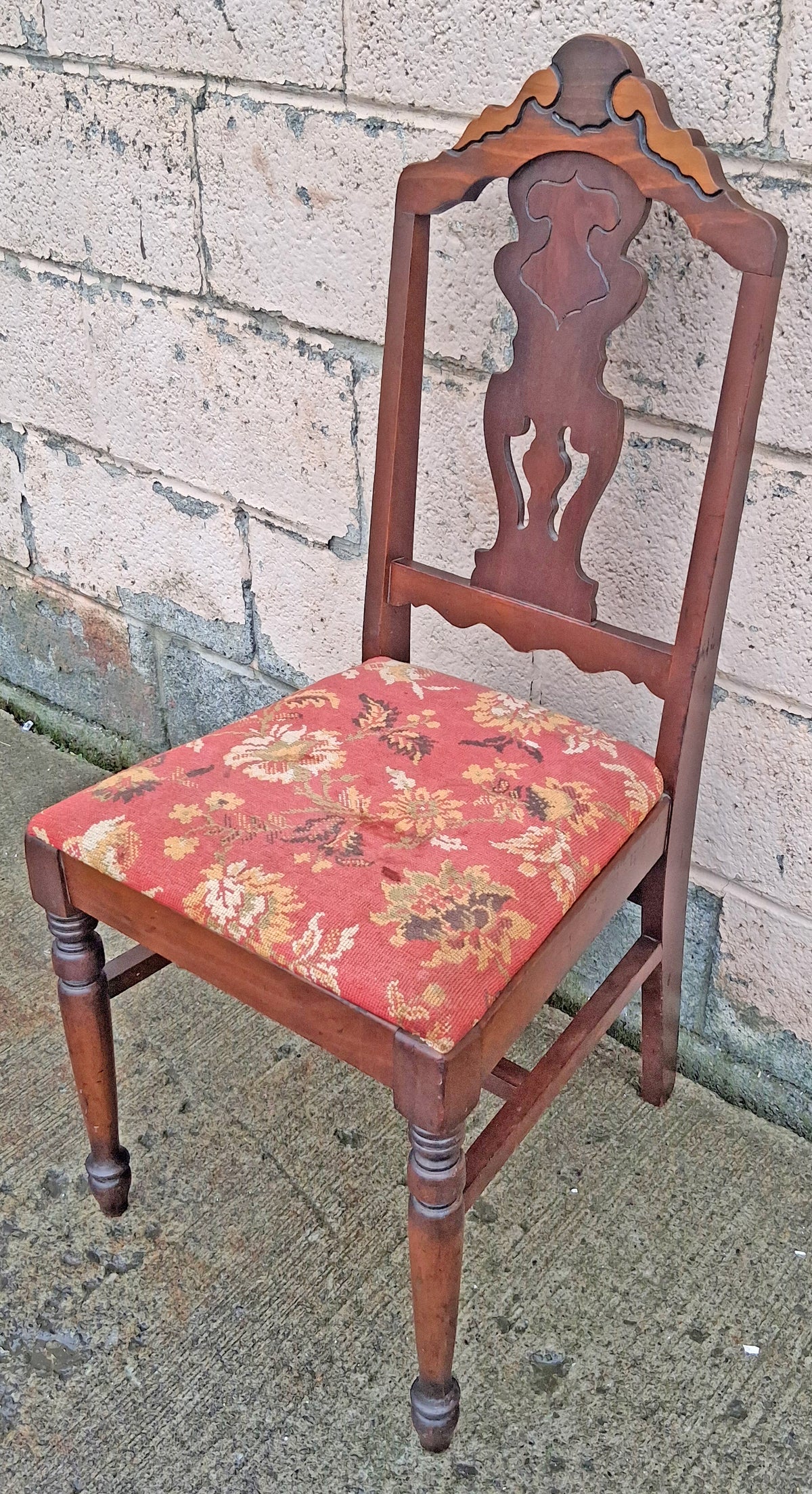 Antique Vintage Old Colonial Style SOLID Wood Wooden Side Dining Accent Desk Chair Floral Needlepoint Red Fabric Upholstered Seat