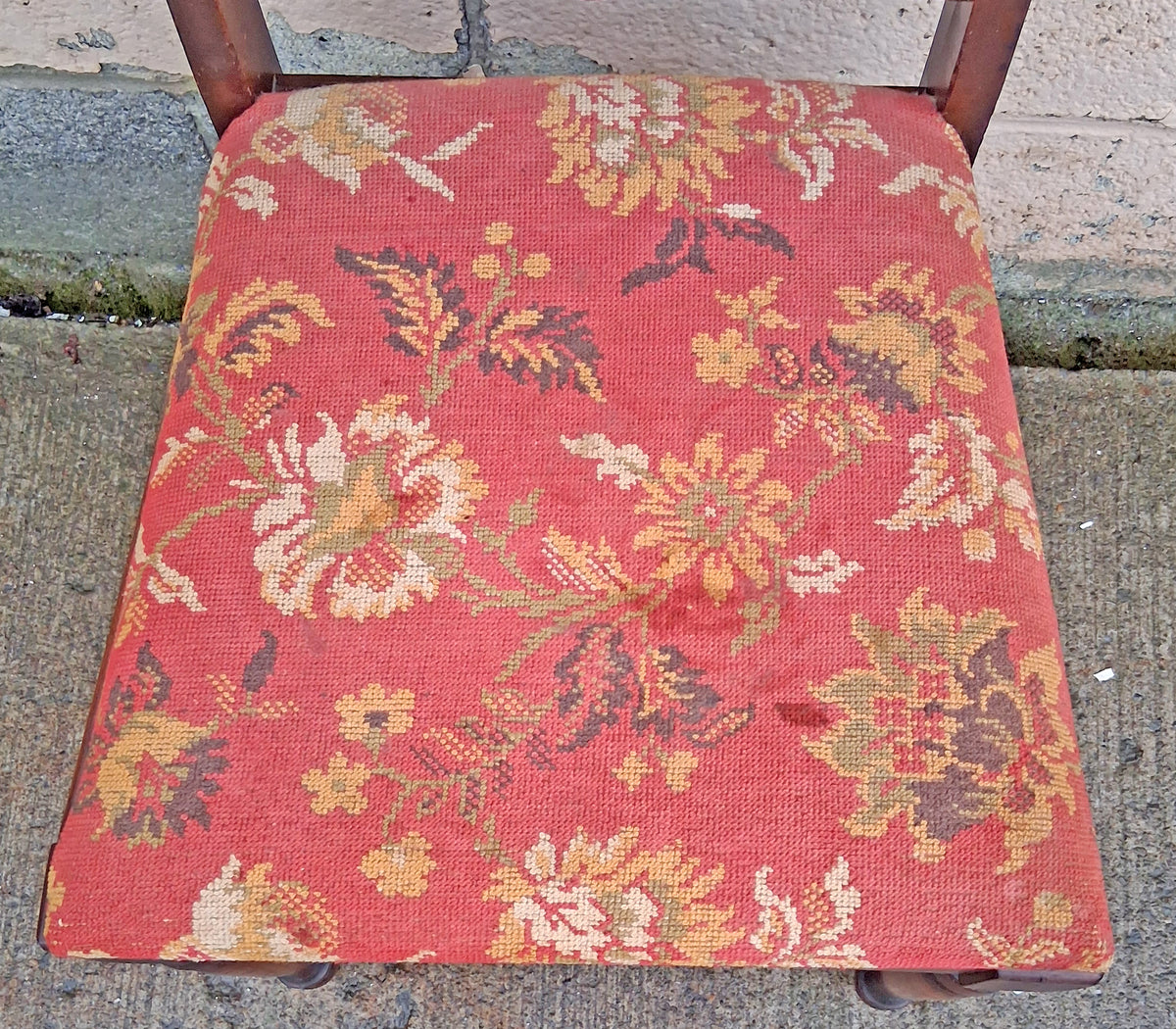 Antique Vintage Old Colonial Style SOLID Wood Wooden Side Dining Accent Desk Chair Floral Needlepoint Red Fabric Upholstered Seat