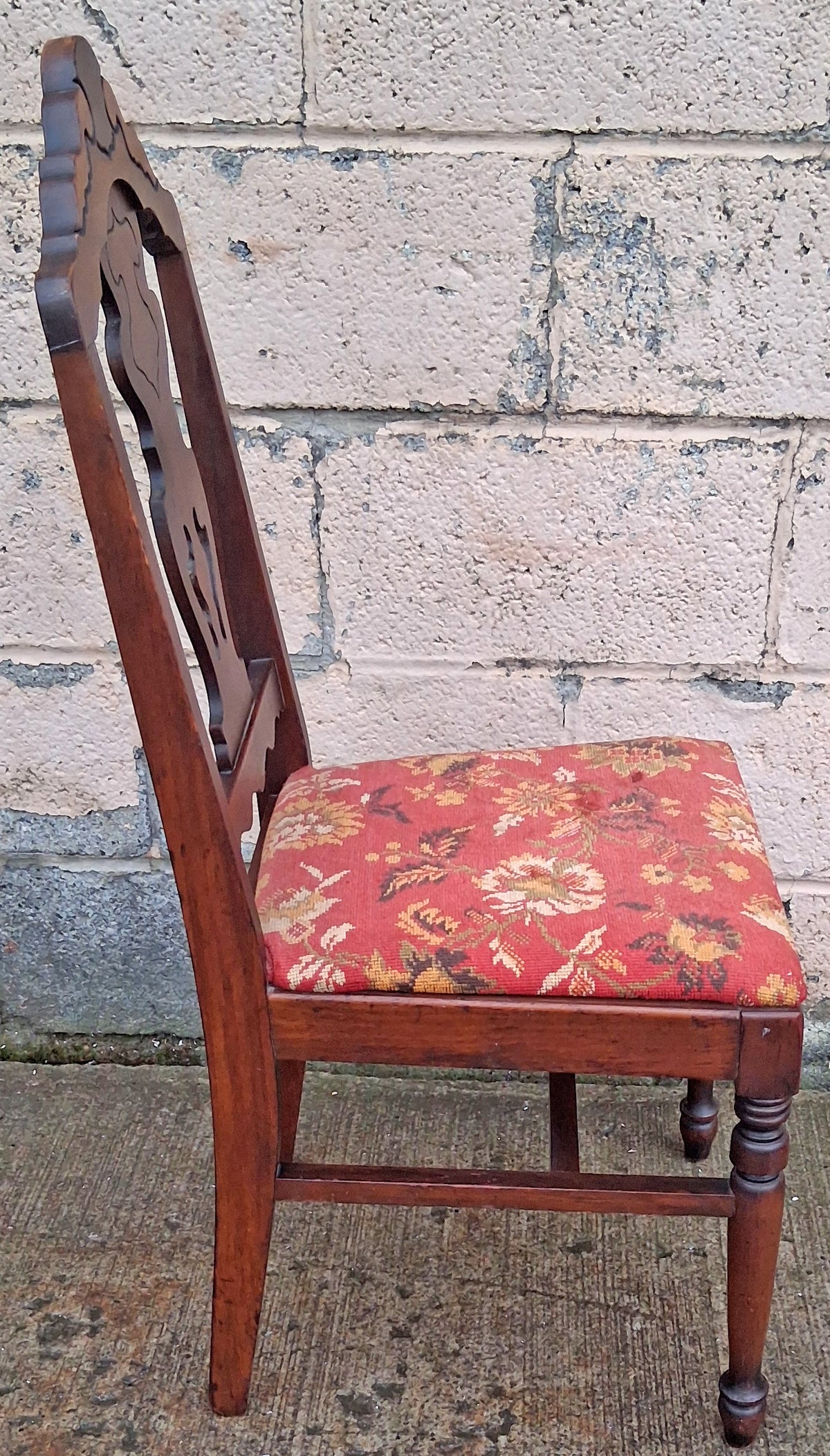 Antique Vintage Old Colonial Style SOLID Wood Wooden Side Dining Accent Desk Chair Floral Needlepoint Red Fabric Upholstered Seat