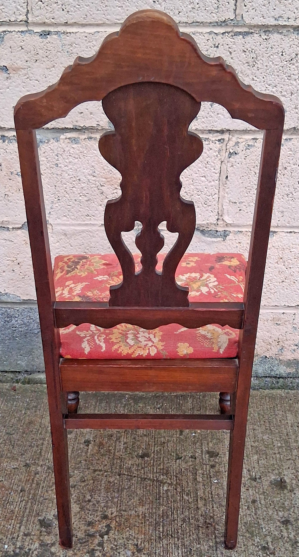 Antique Vintage Old Colonial Style SOLID Wood Wooden Side Dining Accent Desk Chair Floral Needlepoint Red Fabric Upholstered Seat