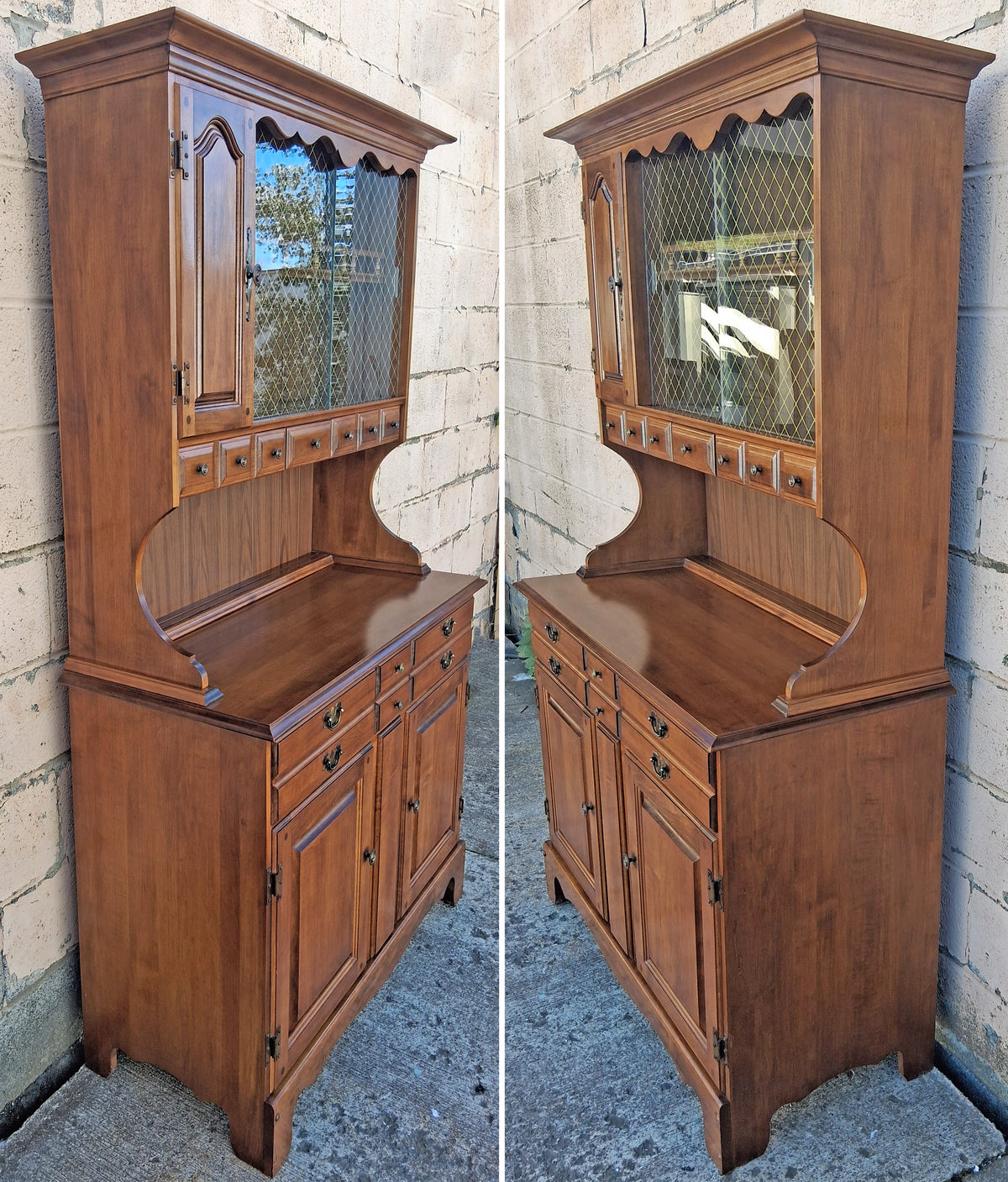 Vintage Antique Colonial Hale Company Solid Wood Scalloped Sliding Glass Door 2 Piece China Cabinet Hutch Buffet Server Dining Furniture
