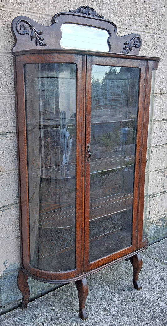 Antique Vintage Victorian Queen Anne Solid Wood Wooden Tiger Oak Curved Glass Bow Front China Cabinet Display Curio Case Door Furniture