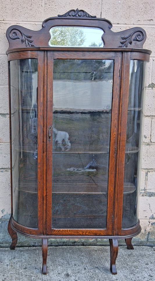 Antique Vintage Victorian Queen Anne Solid Wood Wooden Tiger Oak Curved Glass Bow Front China Cabinet Display Curio Case Door Furniture