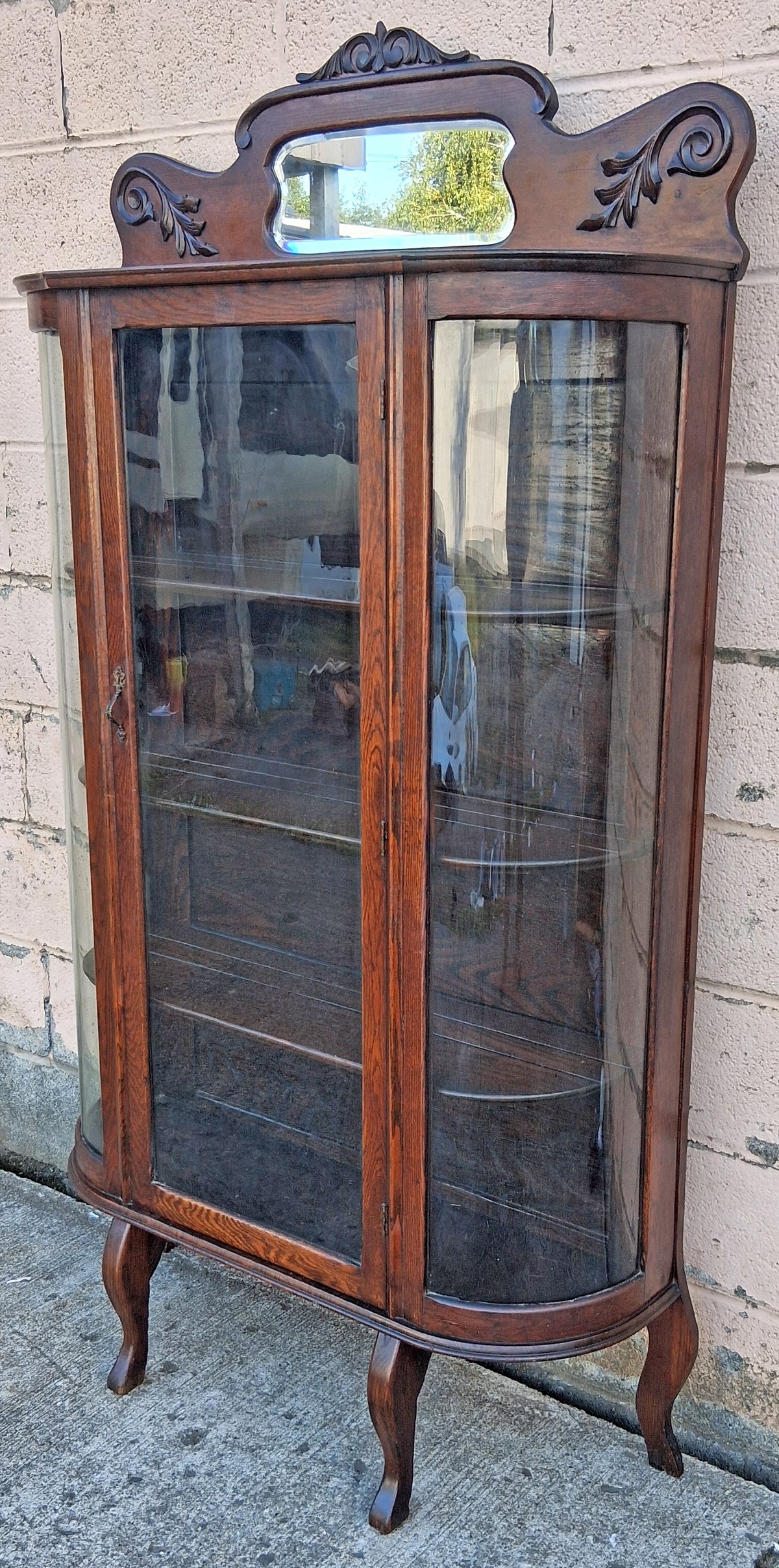 Antique Vintage Victorian Queen Anne Solid Wood Wooden Tiger Oak Curved Glass Bow Front China Cabinet Display Curio Case Door Furniture