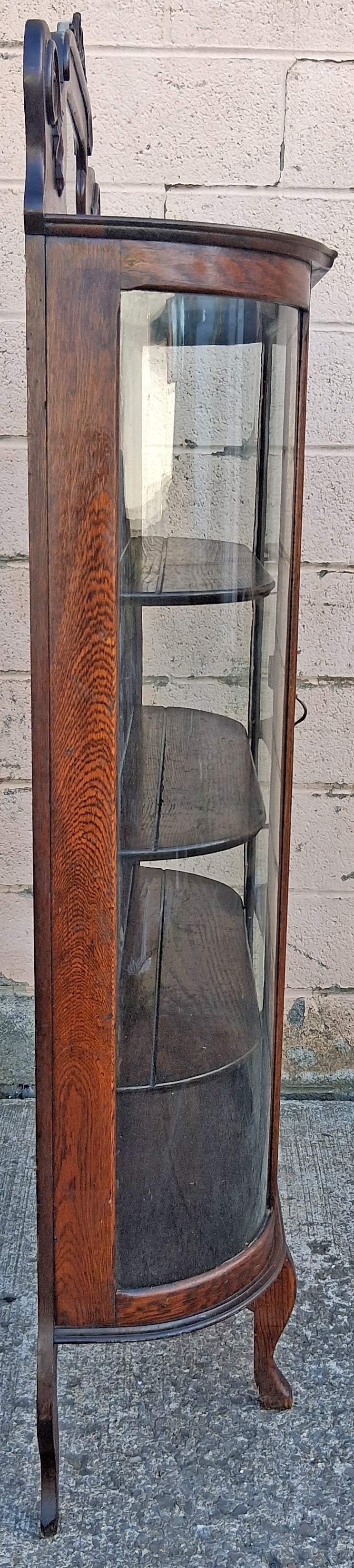 Antique Vintage Victorian Queen Anne Solid Wood Wooden Tiger Oak Curved Glass Bow Front China Cabinet Display Curio Case Door Furniture
