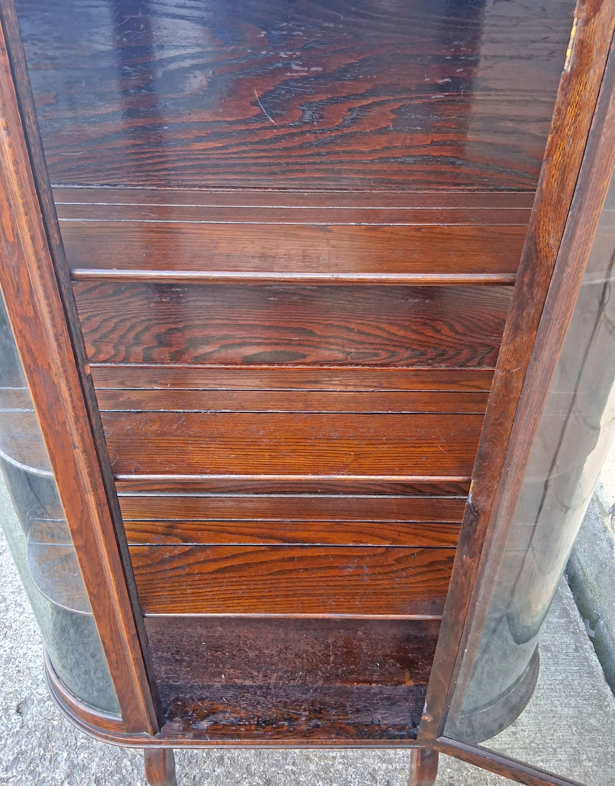 Antique Vintage Victorian Queen Anne Solid Wood Wooden Tiger Oak Curved Glass Bow Front China Cabinet Display Curio Case Door Furniture