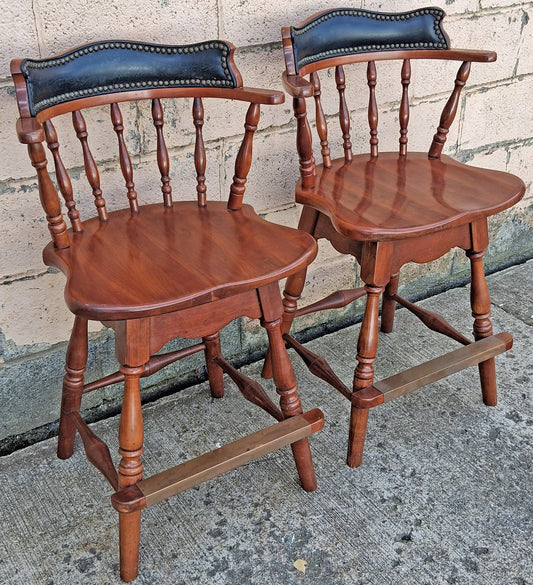 Pair of Vintage Antique Frederick Duckloe Bros Swivel Barstools Colonial Reproductions Wood Counter Height Seating Pub Tavern Windsor Chairs