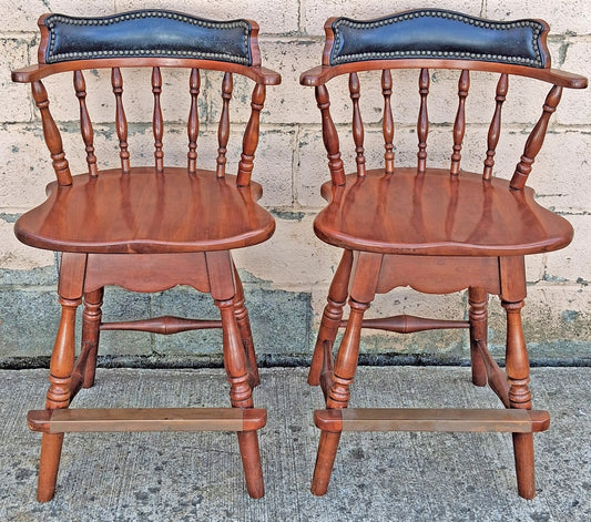 Pair of Vintage Antique Frederick Duckloe Bros Swivel Barstools Colonial Reproductions Wood Counter Height Seating Pub Tavern Windsor Chairs