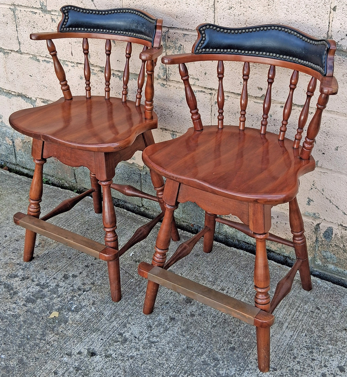 Pair of Vintage Antique Frederick Duckloe Bros Swivel Barstools Colonial Reproductions Wood Counter Height Seating Pub Tavern Windsor Chairs