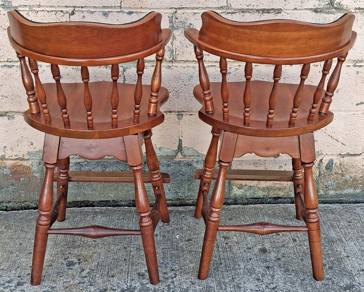 Pair of Vintage Antique Frederick Duckloe Bros Swivel Barstools Colonial Reproductions Wood Counter Height Seating Pub Tavern Windsor Chairs