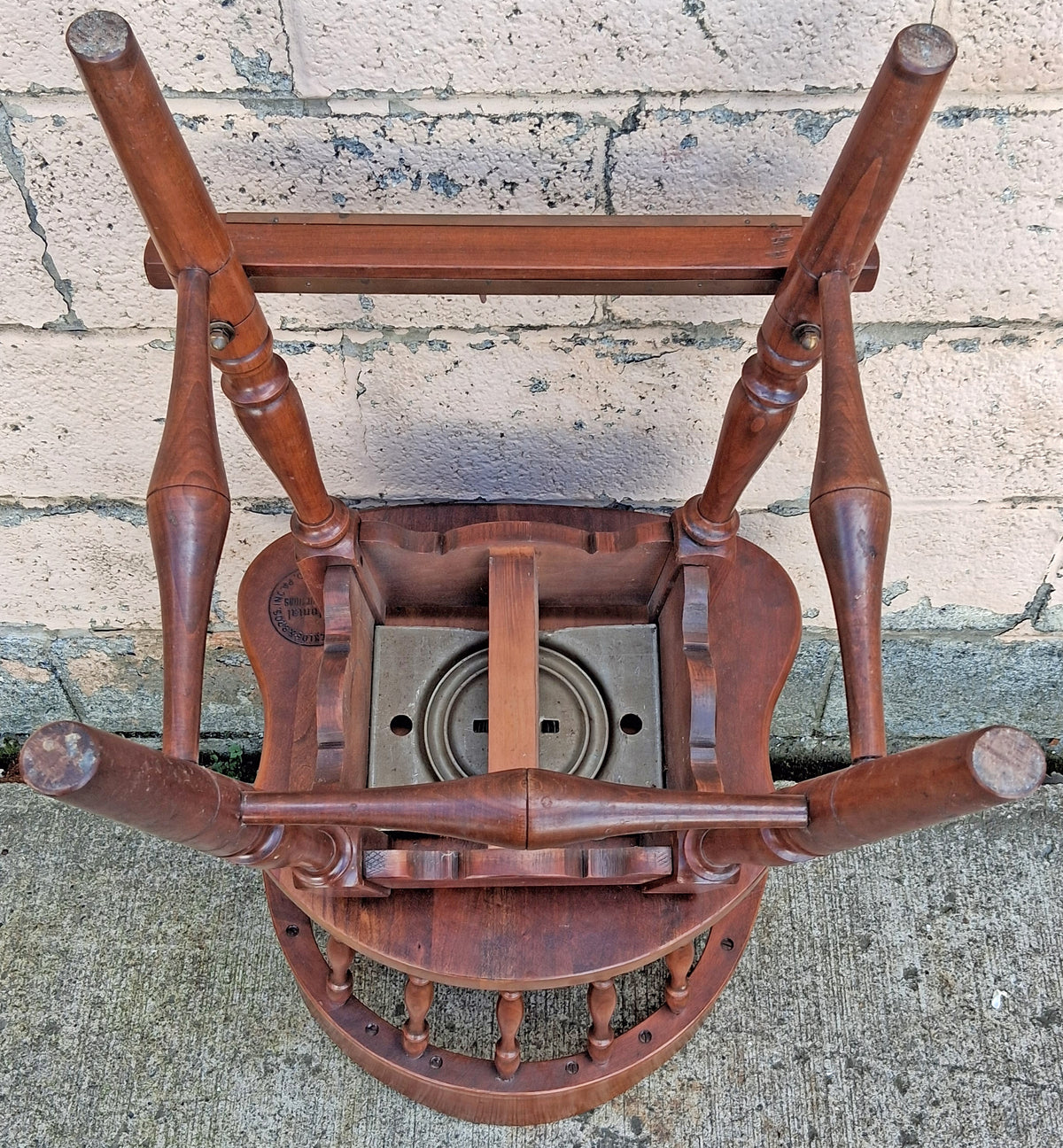 Pair of Vintage Antique Frederick Duckloe Bros Swivel Barstools Colonial Reproductions Wood Counter Height Seating Pub Tavern Windsor Chairs