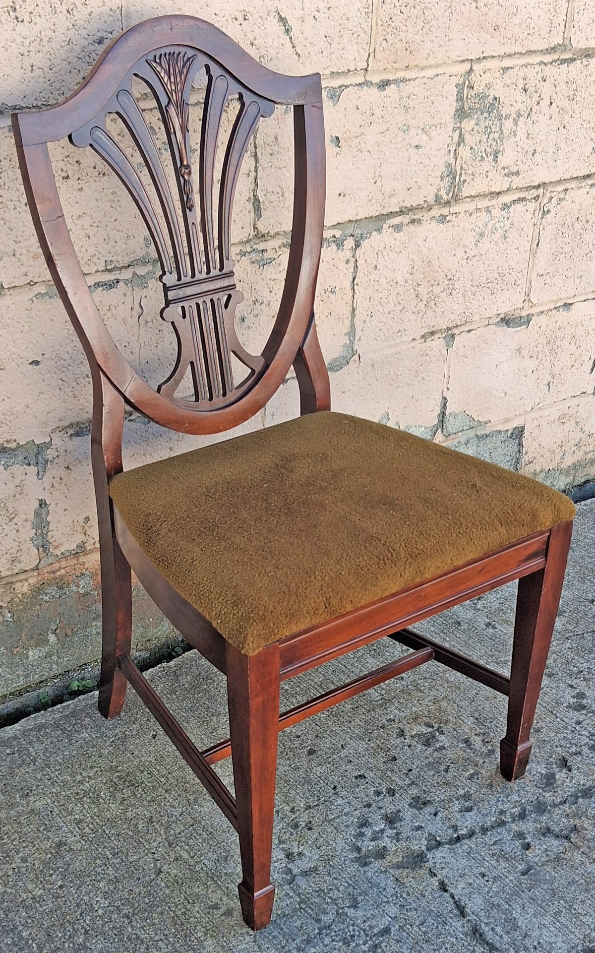 Vintage Antique Old Colonial Hepplewhite Style Shield Back SOLID Mahogany Wood Wooden Side Dining Accent Desk Chair Fabric Upholstered Seat