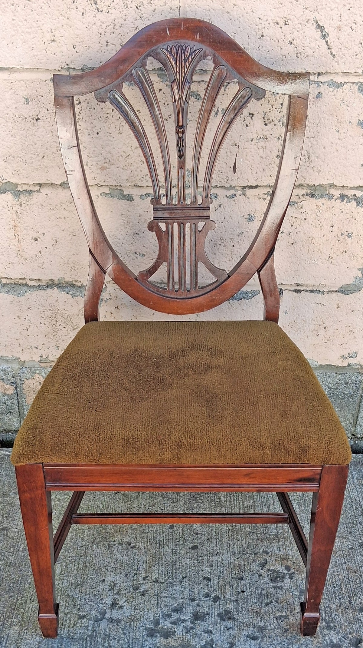 Vintage Antique Old Colonial Hepplewhite Style Shield Back SOLID Mahogany Wood Wooden Side Dining Accent Desk Chair Fabric Upholstered Seat