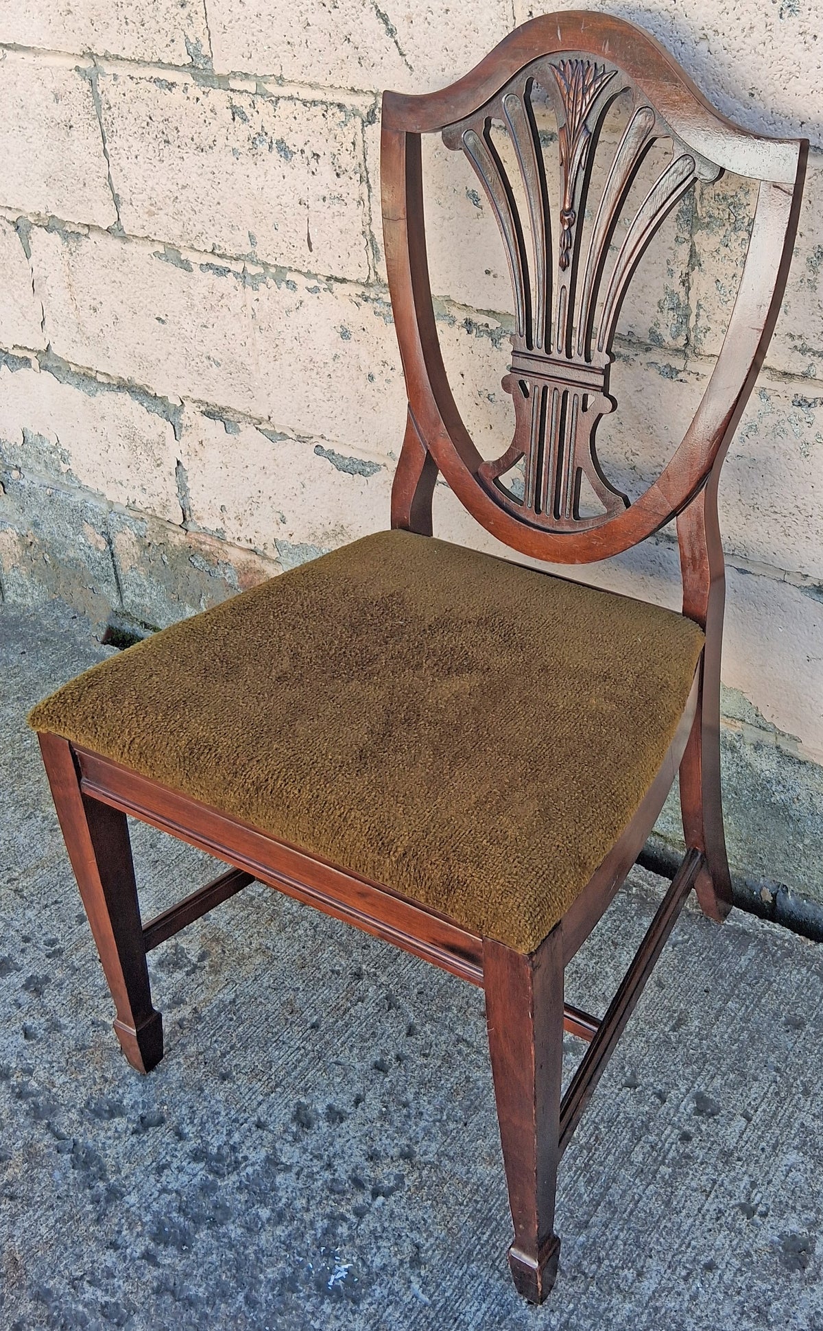 Vintage Antique Old Colonial Hepplewhite Style Shield Back SOLID Mahogany Wood Wooden Side Dining Accent Desk Chair Fabric Upholstered Seat