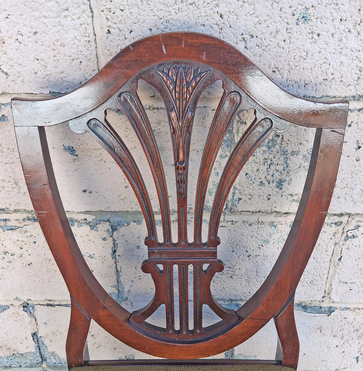 Vintage Antique Old Colonial Hepplewhite Style Shield Back SOLID Mahogany Wood Wooden Side Dining Accent Desk Chair Fabric Upholstered Seat