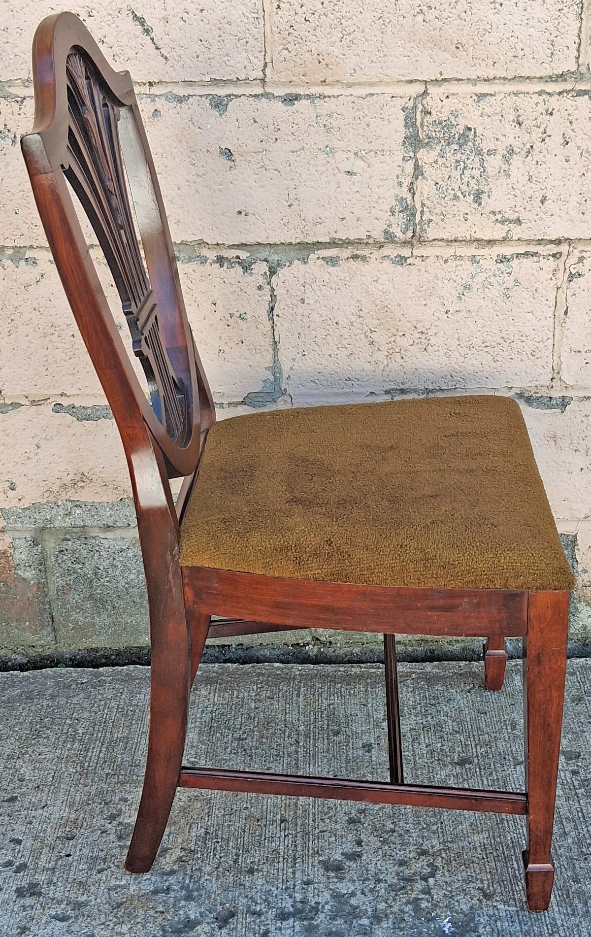 Vintage Antique Old Colonial Hepplewhite Style Shield Back SOLID Mahogany Wood Wooden Side Dining Accent Desk Chair Fabric Upholstered Seat