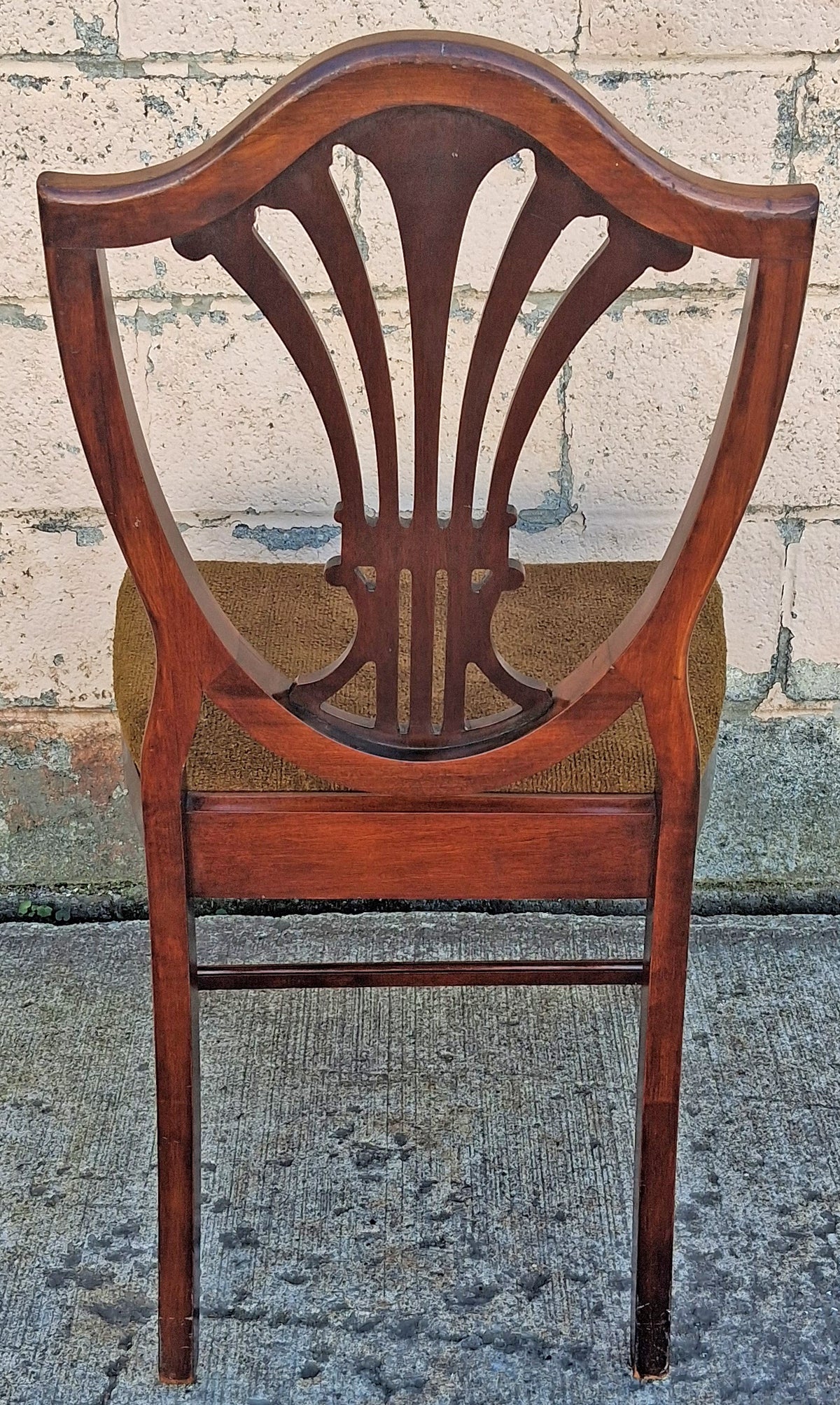 Vintage Antique Old Colonial Hepplewhite Style Shield Back SOLID Mahogany Wood Wooden Side Dining Accent Desk Chair Fabric Upholstered Seat