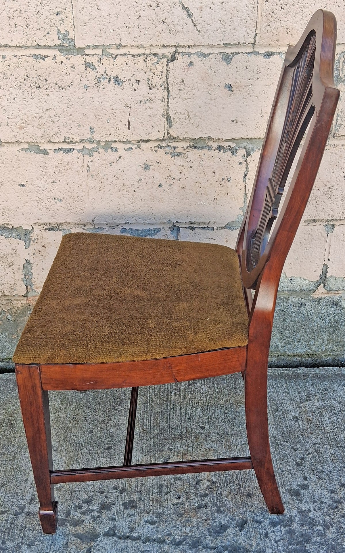 Vintage Antique Old Colonial Hepplewhite Style Shield Back SOLID Mahogany Wood Wooden Side Dining Accent Desk Chair Fabric Upholstered Seat