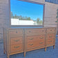 Vintage Antique Old Mid Century Modern Drexel Anniversary Solid Wood Wooden Oak Triple Dresser Credenza Cabinet Chest Mirror Bedroom Vanity