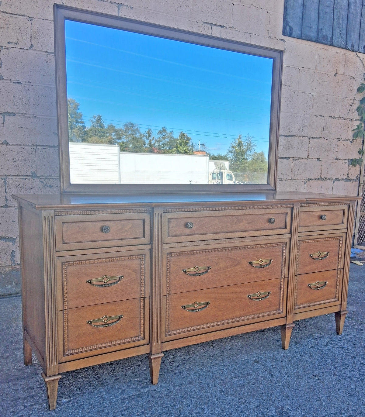 Vintage Antique Old Mid Century Modern Drexel Anniversary Solid Wood Wooden Oak Triple Dresser Credenza Cabinet Chest Mirror Bedroom Vanity