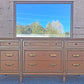 Vintage Antique Old Mid Century Modern Drexel Anniversary Solid Wood Wooden Oak Triple Dresser Credenza Cabinet Chest Mirror Bedroom Vanity