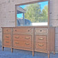 Vintage Antique Old Mid Century Modern Drexel Anniversary Solid Wood Wooden Oak Triple Dresser Credenza Cabinet Chest Mirror Bedroom Vanity