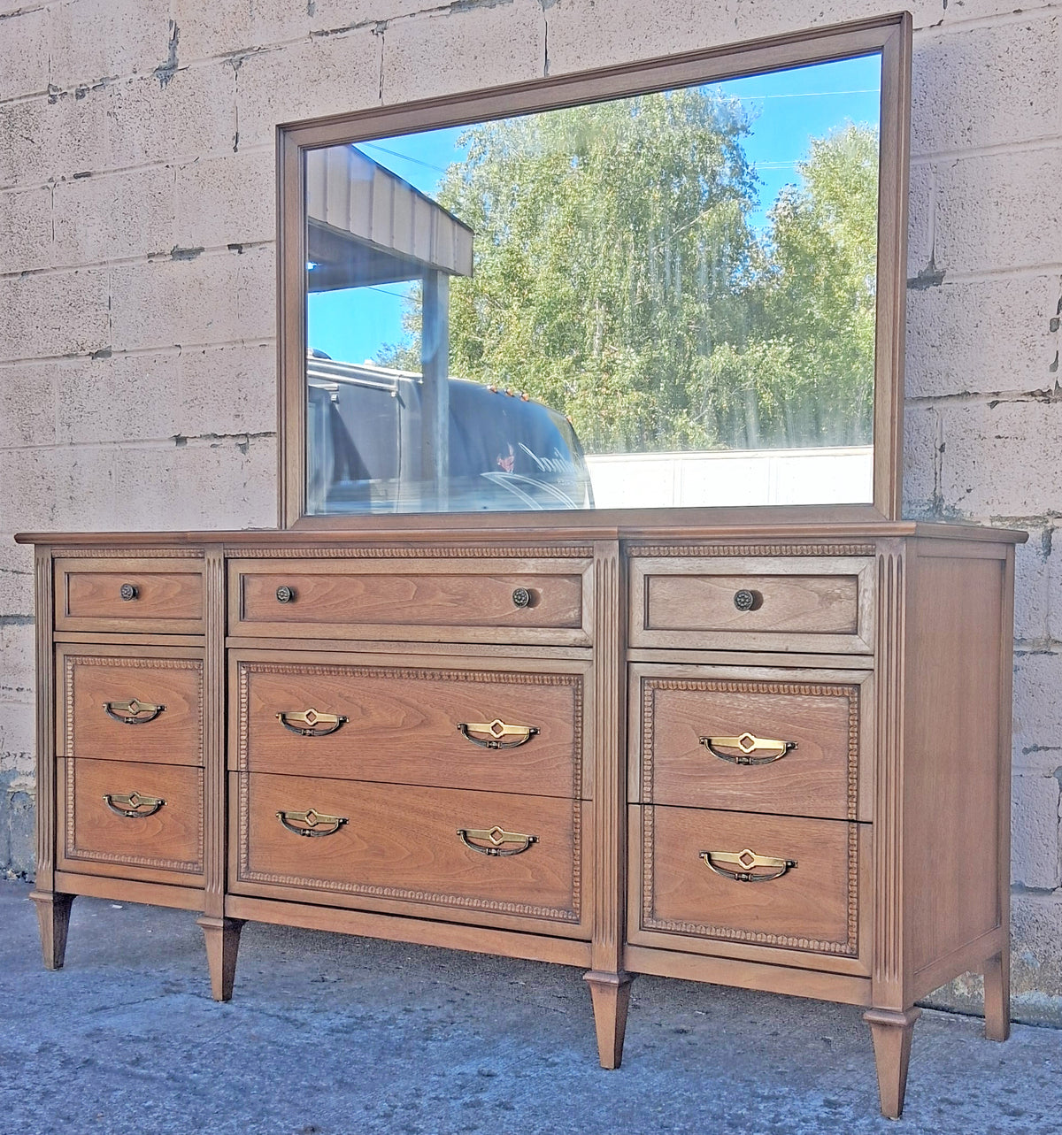 Vintage Antique Old Mid Century Modern Drexel Anniversary Solid Wood Wooden Oak Triple Dresser Credenza Cabinet Chest Mirror Bedroom Vanity