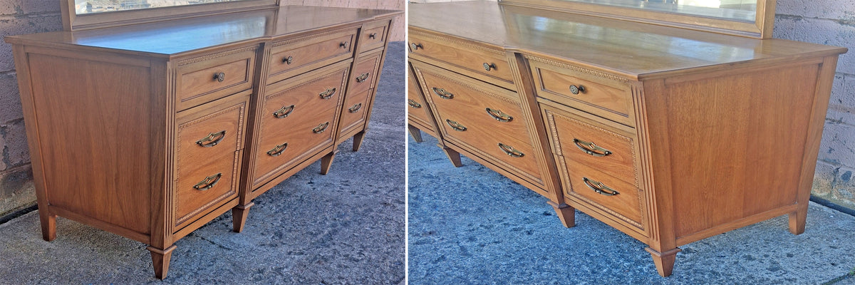 Vintage Antique Old Mid Century Modern Drexel Anniversary Solid Wood Wooden Oak Triple Dresser Credenza Cabinet Chest Mirror Bedroom Vanity