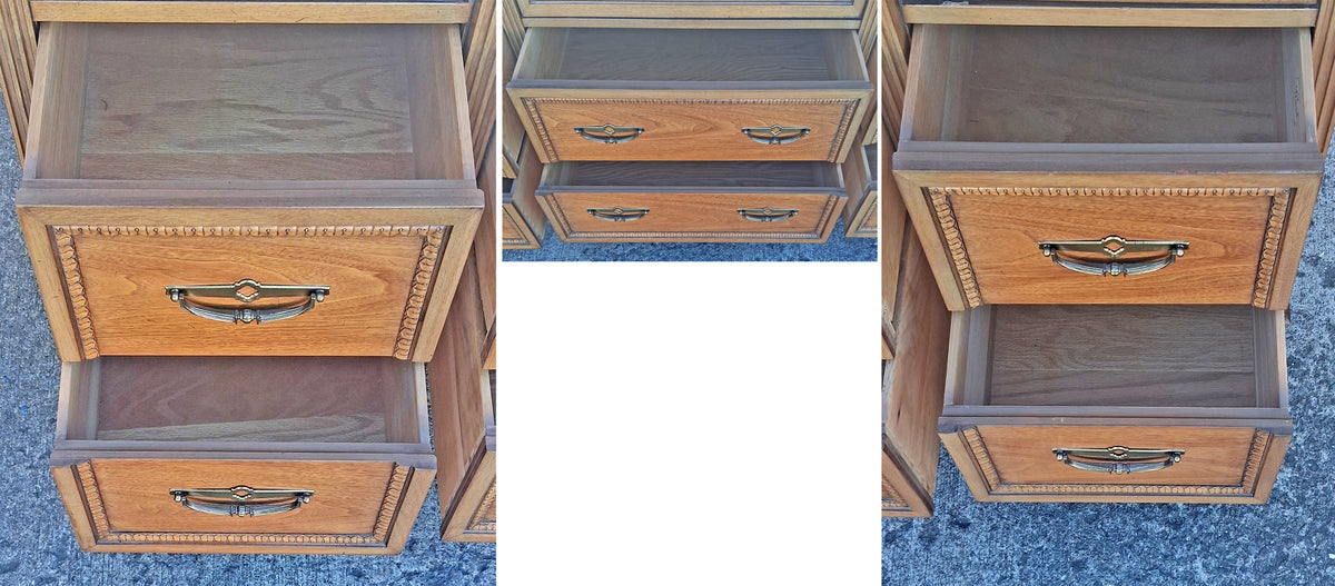 Vintage Antique Old Mid Century Modern Drexel Anniversary Solid Wood Wooden Oak Triple Dresser Credenza Cabinet Chest Mirror Bedroom Vanity