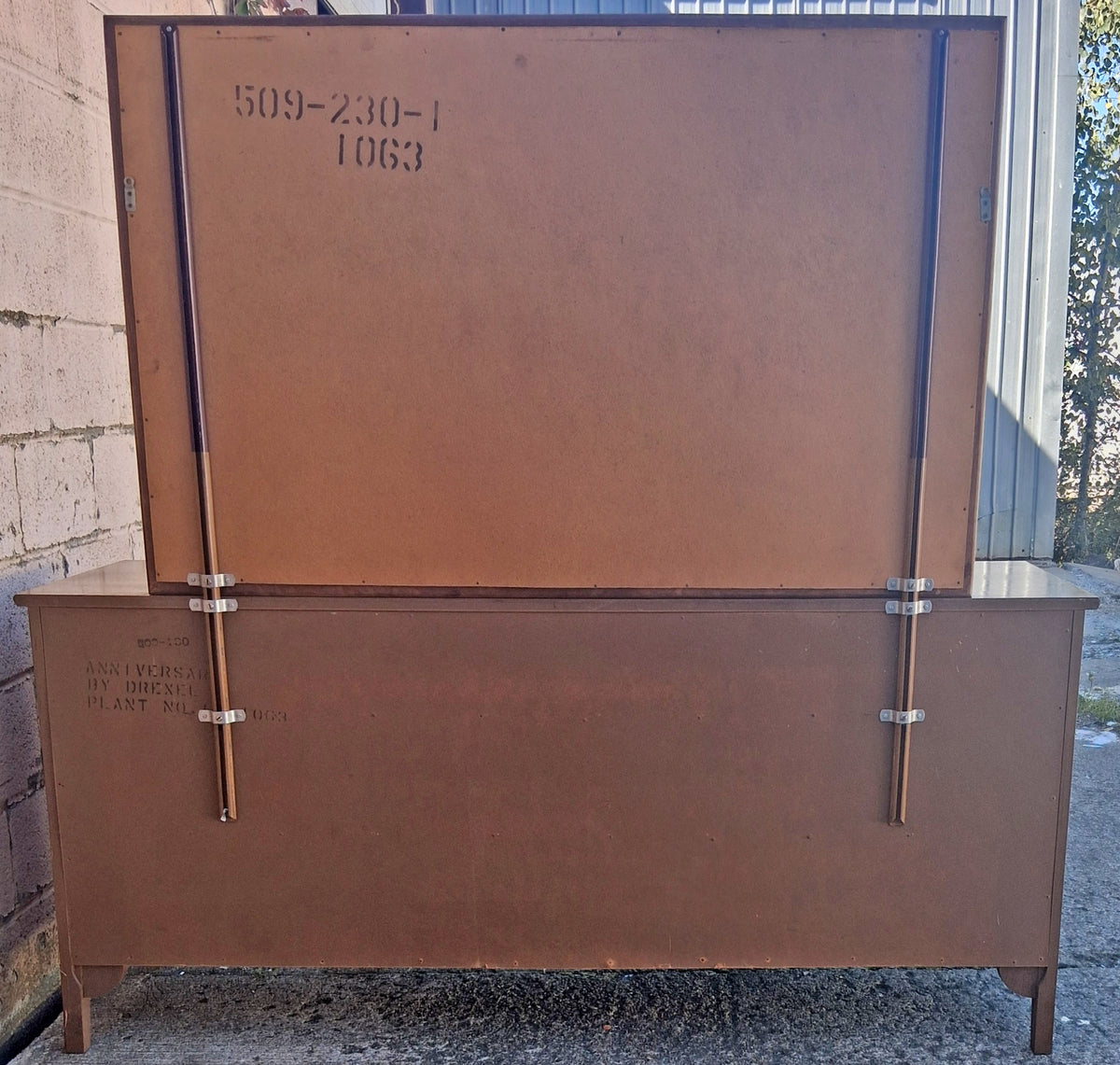 Vintage Antique Old Mid Century Modern Drexel Anniversary Solid Wood Wooden Oak Triple Dresser Credenza Cabinet Chest Mirror Bedroom Vanity