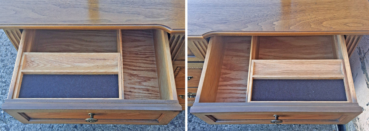 Vintage Antique Old Mid Century Modern Drexel Anniversary Solid Wood Wooden Oak Triple Dresser Credenza Cabinet Chest Mirror Bedroom Vanity