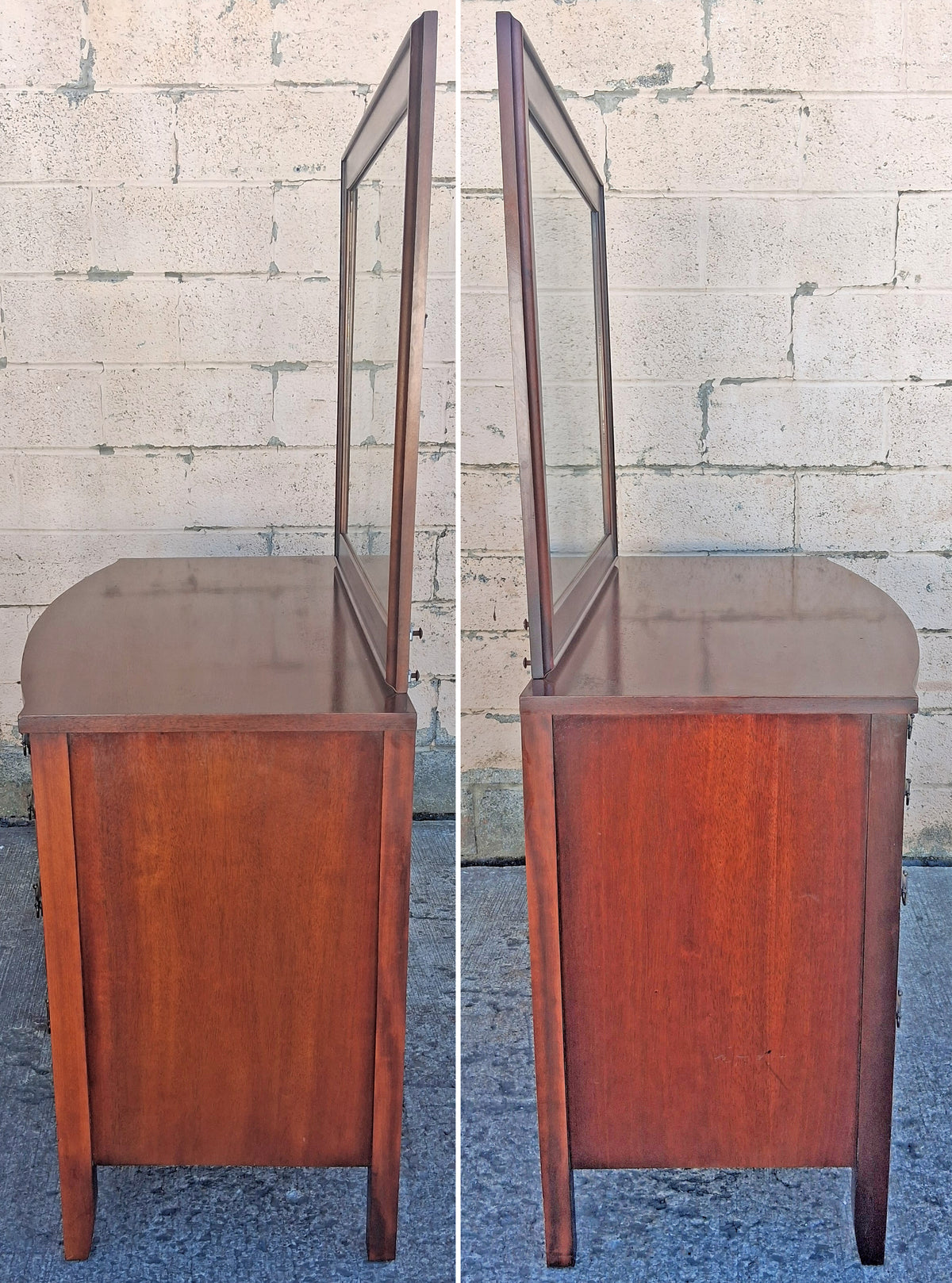 Antique Vintage Old Colonial Federal Dixie Solid Mahogany Wooden Bowed Curved Bow Front Dresser Credenza Cabinet Chest Mirror Bedroom Vanity